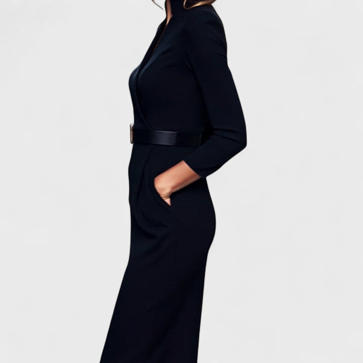 ADELINE™ | Belted High-Neck Black Dress