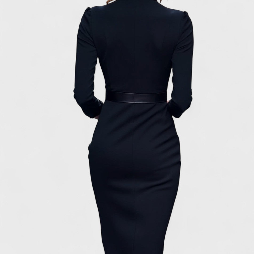 ADELINE™ | Belted High-Neck Black Dress