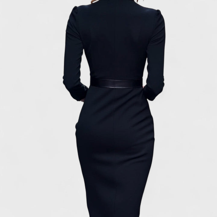 ADELINE™ | Belted High-Neck Black Dress