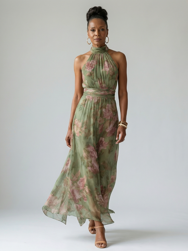 Elara | Gathered Halter Neck Midi Dress