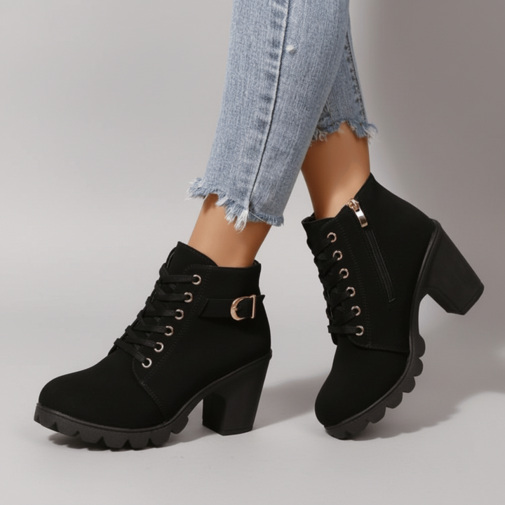 KATNI™ | Chic Lace-Up Metal Buckle Chunky Ankle Boots