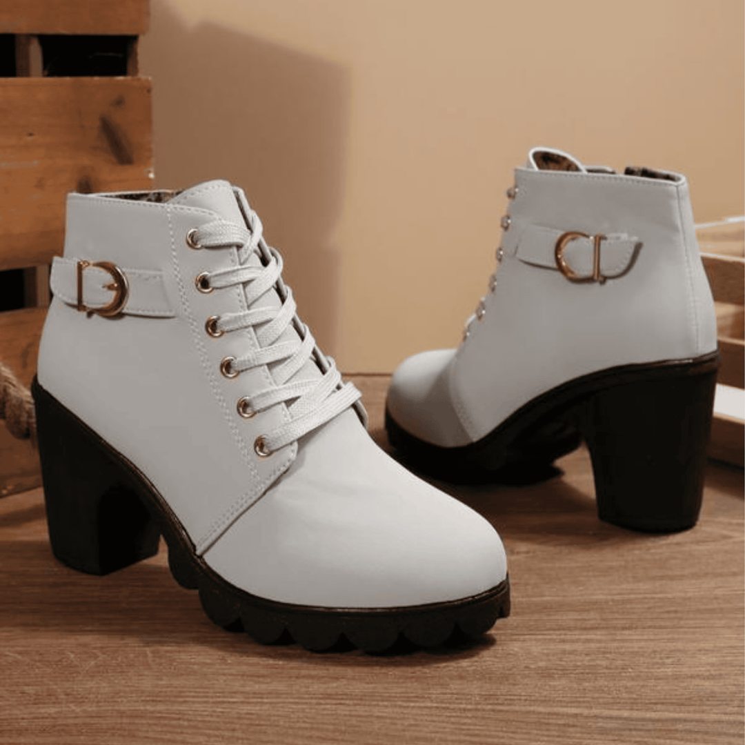 KATNI™ | Chic Lace-Up Metal Buckle Chunky Ankle Boots