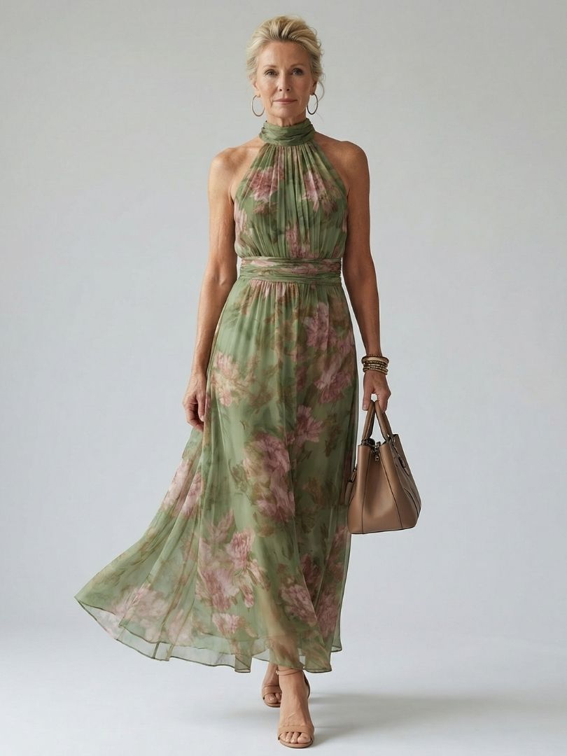 Elara | Gathered Halter Neck Midi Dress