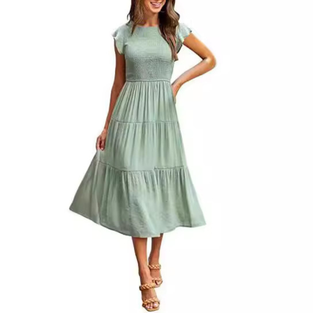 KRISELLE™ | Elegant Flutter Sleeve Smoke Midi Dress