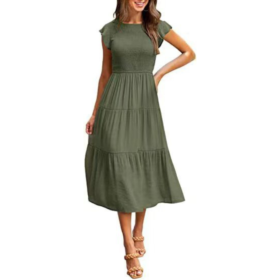 KRISELLE™ | Elegant Flutter Sleeve Smoke Midi Dress