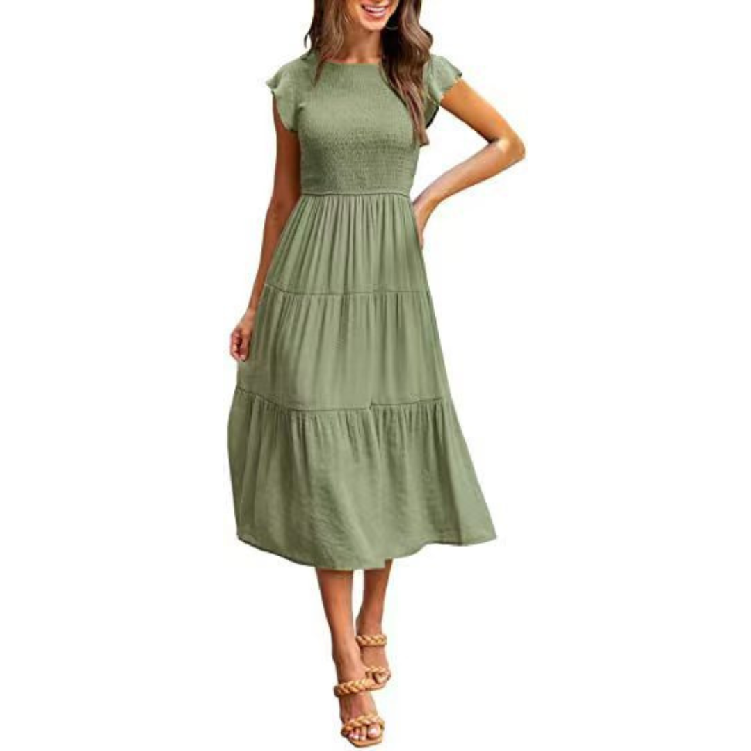 KRISELLE™ | Elegant Flutter Sleeve Smoke Midi Dress
