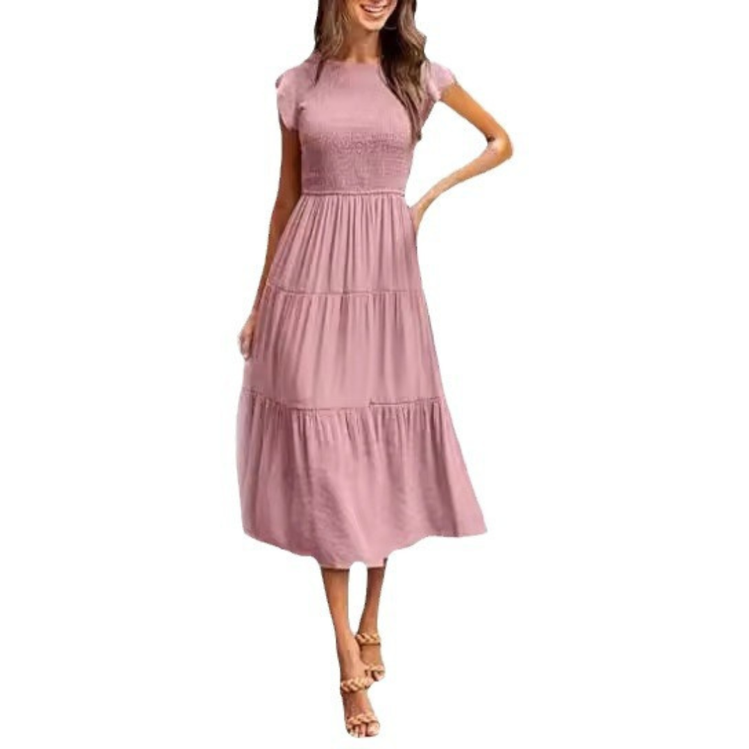 KRISELLE™ | Elegant Flutter Sleeve Smoke Midi Dress