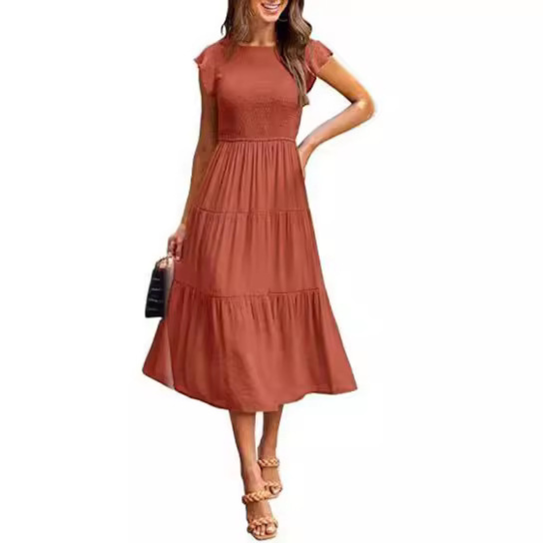 KRISELLE™ | Elegant Flutter Sleeve Smoke Midi Dress