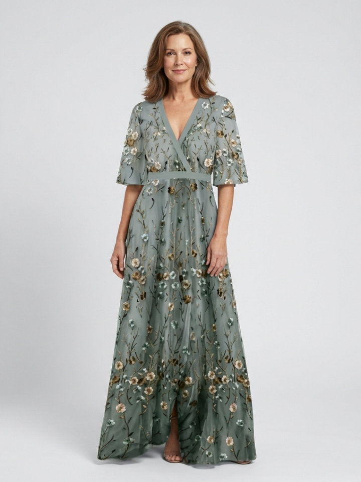 Amelia | Floral V-Neck Short Sleeve Maxi Dress