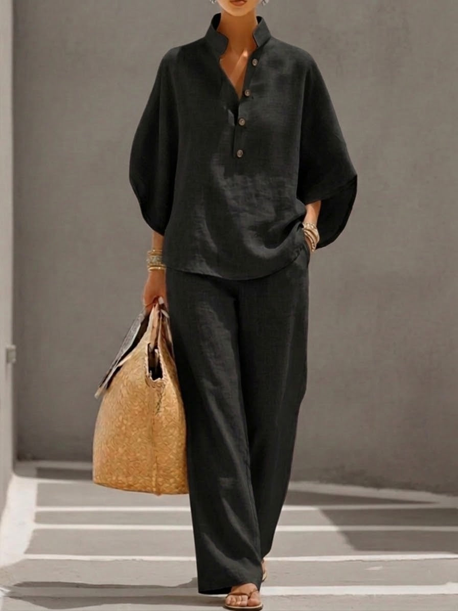 LUMIRA™ | Linen Batwing Top & Wide-Leg Trouser Set