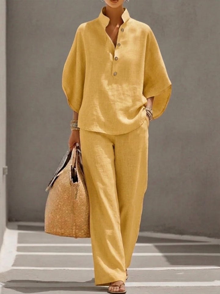 LUMIRA™ | Linen Batwing Top & Wide-Leg Trouser Set