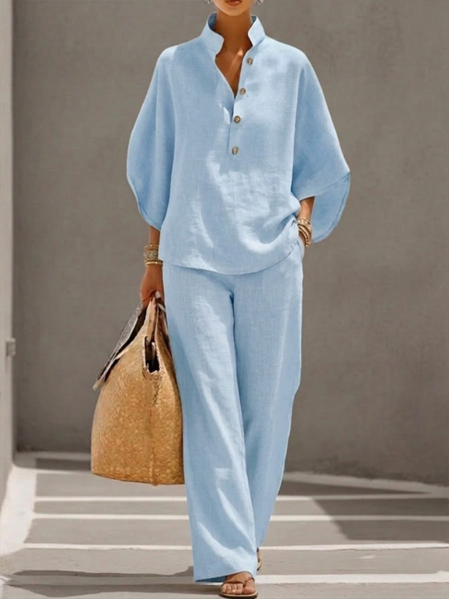 LUMIRA™ | Linen Batwing Top & Wide-Leg Trouser Set