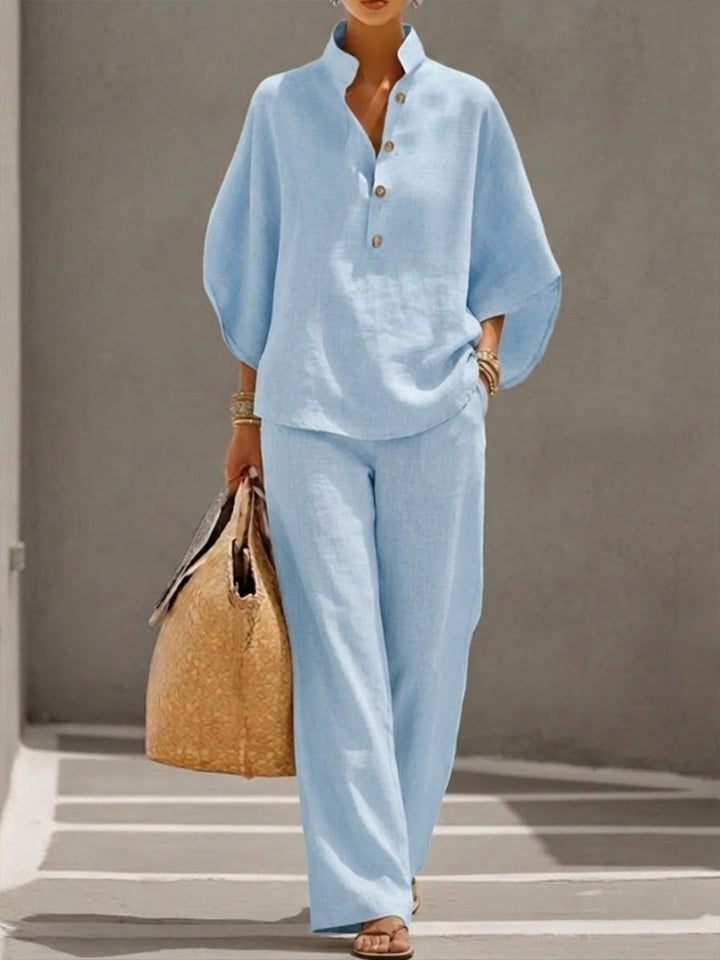 LUMIRA™ | Linen Batwing Top & Wide-Leg Trouser Set