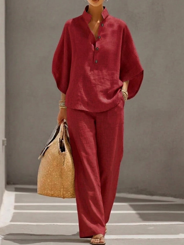LUMIRA™ | Linen Batwing Top & Wide-Leg Trouser Set