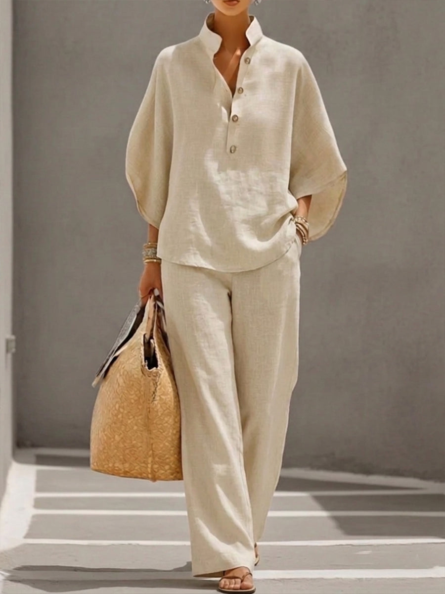 LUMIRA™ | Linen Batwing Top & Wide-Leg Trouser Set