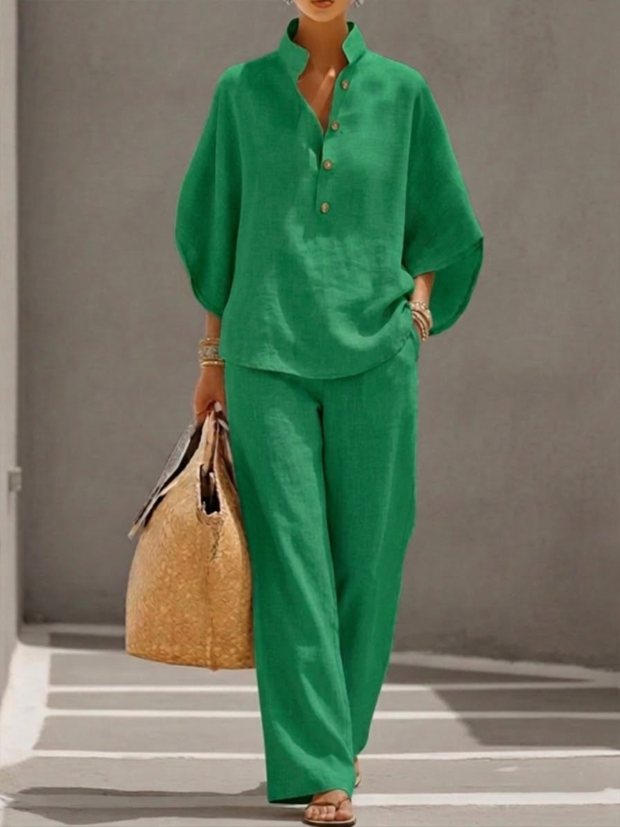 LUMIRA™ | Linen Batwing Top & Wide-Leg Trouser Set